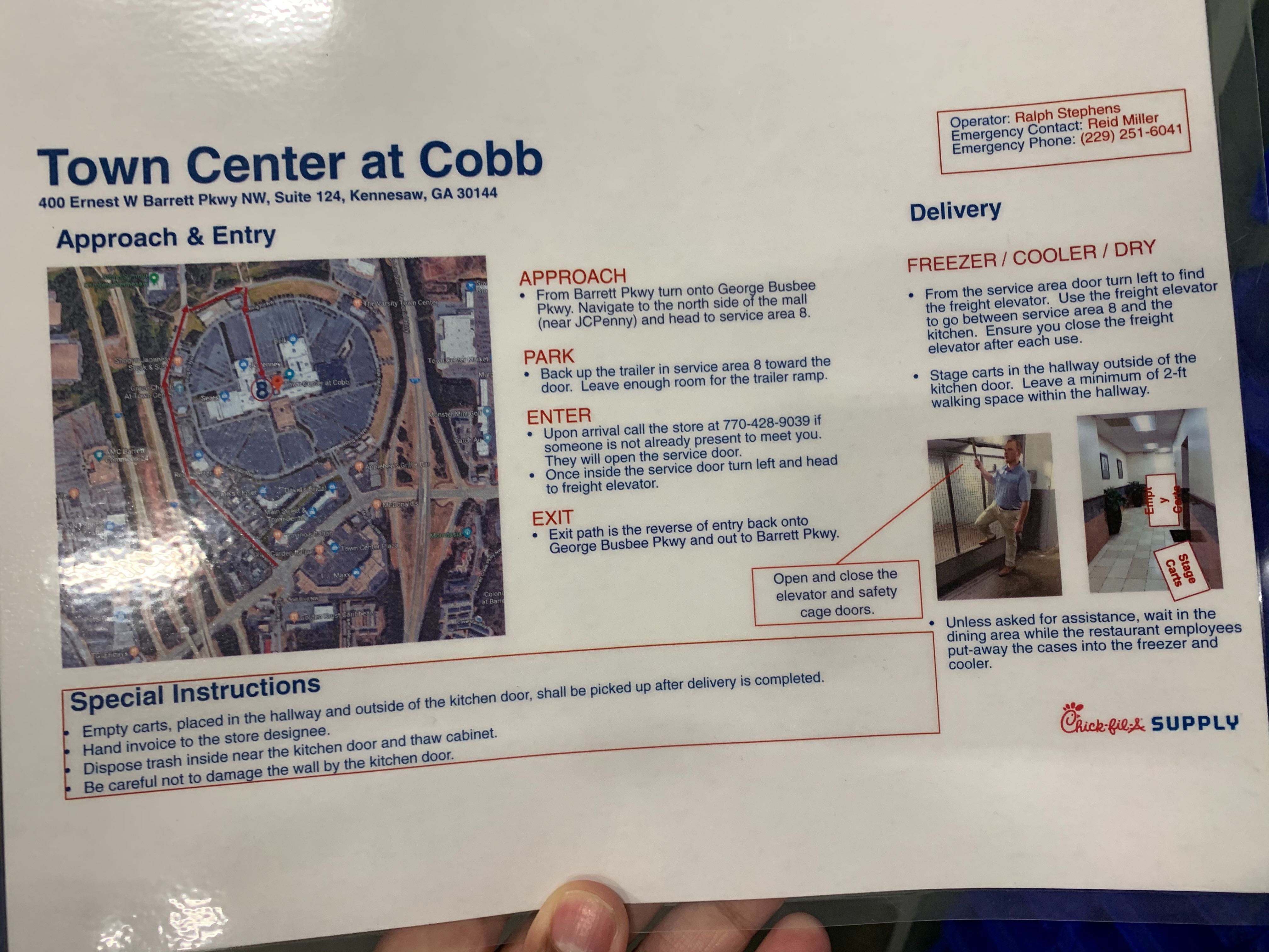 Printed delivery cheat sheet taped by back door